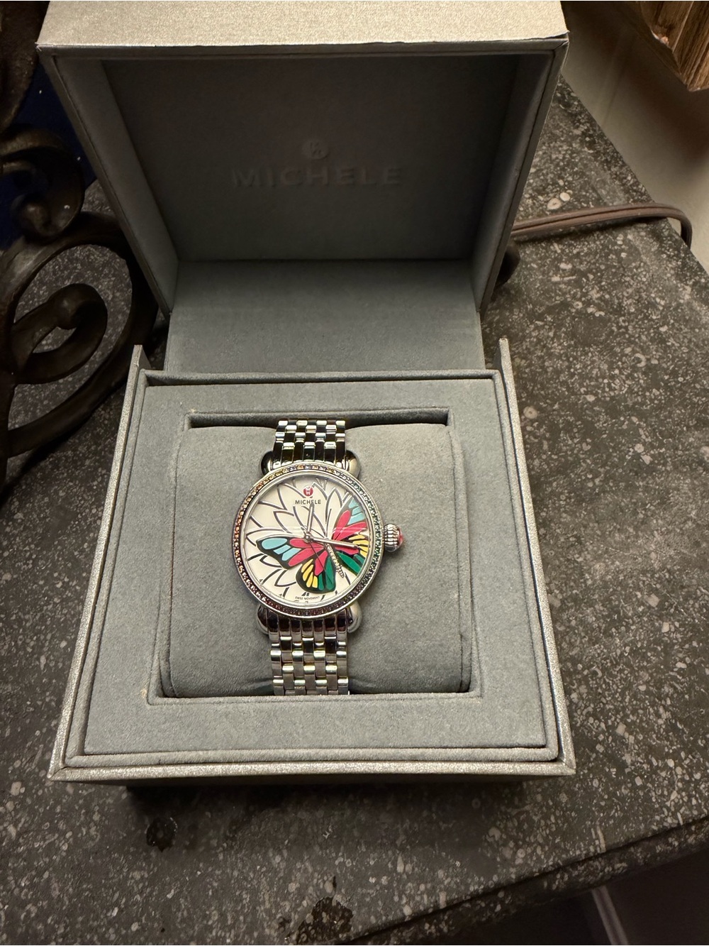 Michele Multicolor Butterfly Dial Stainless Bracelet Watch